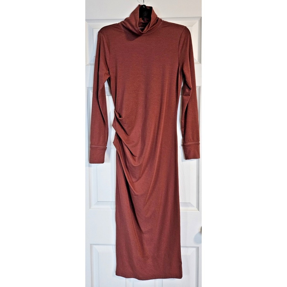Athleta Industry Turtleneck Dress XS Soft Clinging Long Ruched Hip Rust Color